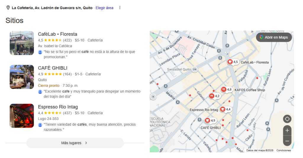Ejemplo de resultados de SEO local en Quito mostrando el Local Pack de Google